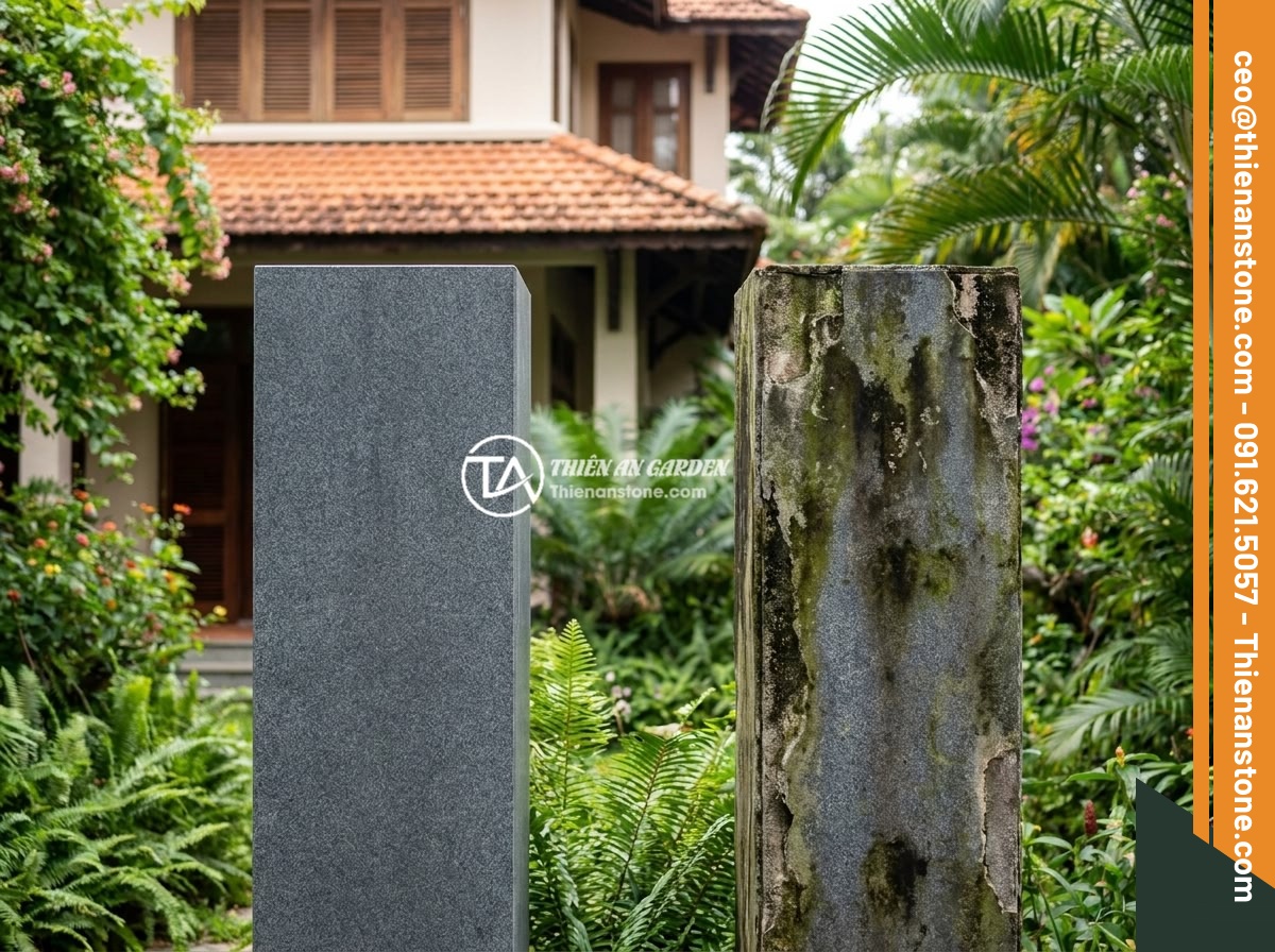 Hướng Dẫn Bảo Dưỡng Trụ Đá Hàng Rào Đúng Cách Để Bền Đẹp Theo Thời Gian - A beautiful natural stone fence pillar in front of a luxury Vietnamese villa, sh