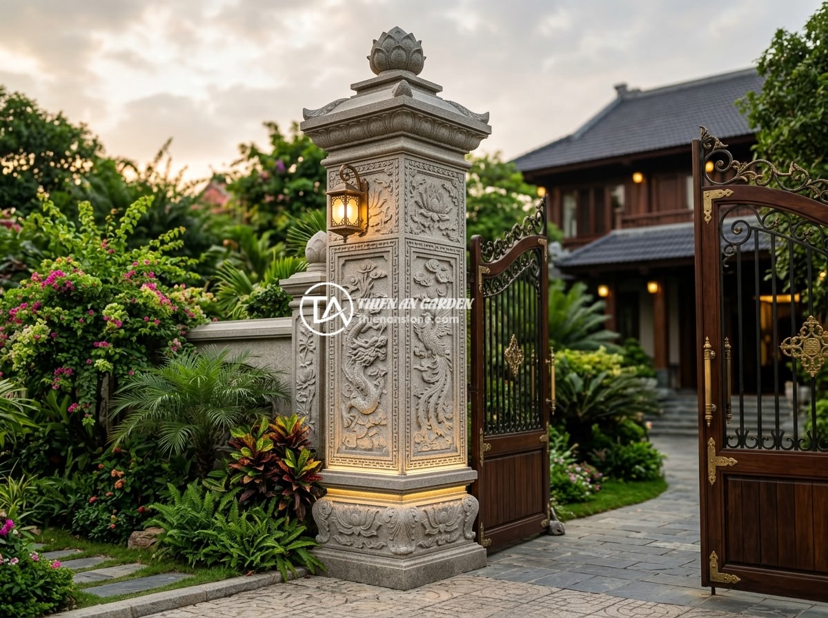 Hướng Dẫn Thi Công Trụ Đá Hàng Rào Đúng Tiêu Chuẩn, Bền Đẹp Lâu Dài - Hình 11 Hướng Dẫn Thi Công Trụ Đá Hàng Rào Đúng Tiêu Chuẩn, Bền Đẹp Lâu Dài - Luxurious completed stone fence pillar project at a Vietnamese villa entrance wi