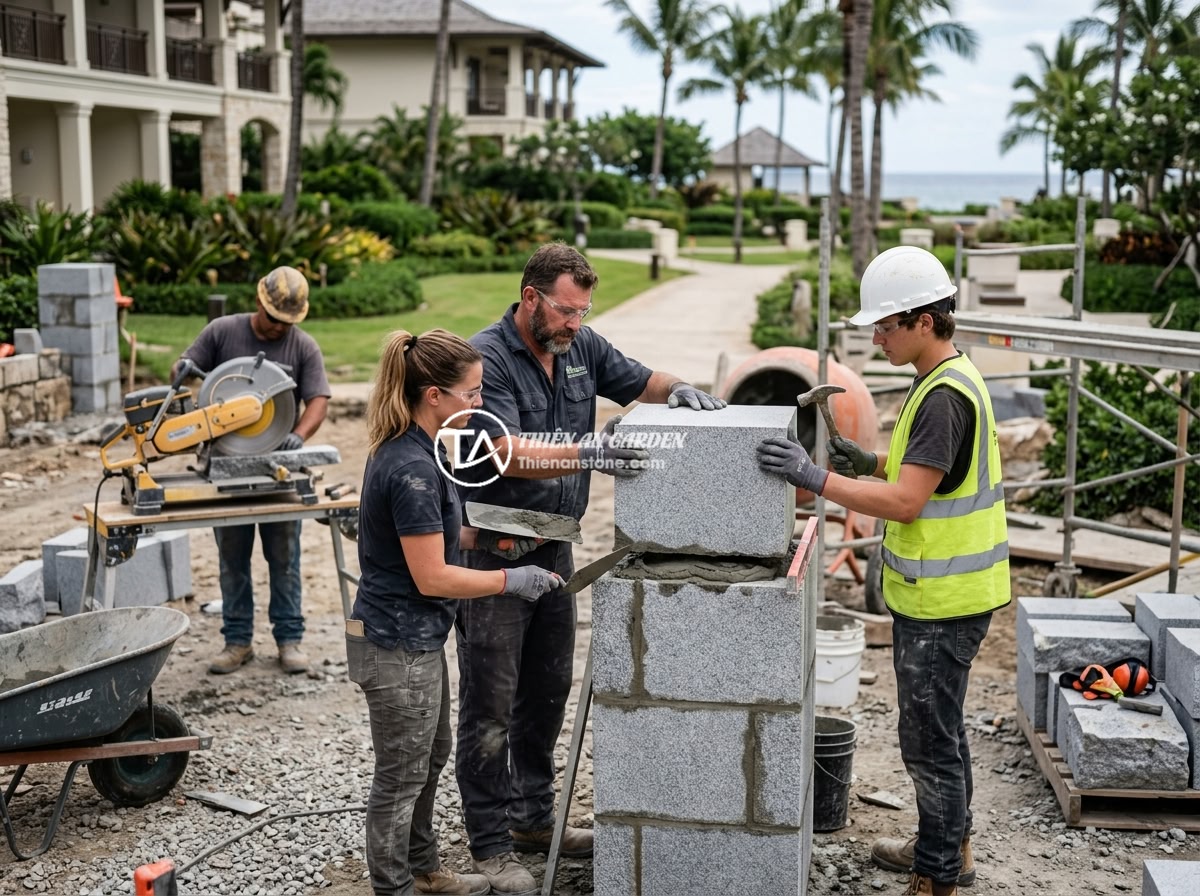 Hướng Dẫn Thi Công Trụ Đá Hàng Rào Đúng Tiêu Chuẩn, Bền Đẹp Lâu Dài - Hình 13 Hướng Dẫn Thi Công Trụ Đá Hàng Rào Đúng Tiêu Chuẩn, Bền Đẹp Lâu Dài - Professional stone masonry team working on luxury fence pillar installation at a