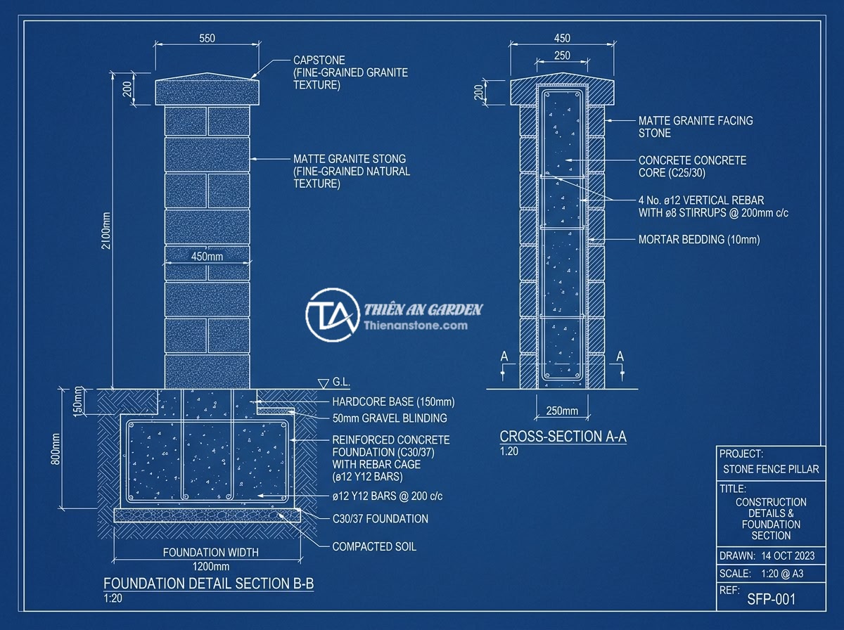 Hướng Dẫn Thi Công Trụ Đá Hàng Rào Đúng Tiêu Chuẩn, Bền Đẹp Lâu Dài - Hình 3 Hướng Dẫn Thi Công Trụ Đá Hàng Rào Đúng Tiêu Chuẩn, Bền Đẹp Lâu Dài - Technical blueprint drawing of stone fence pillar construction showing cross-sec