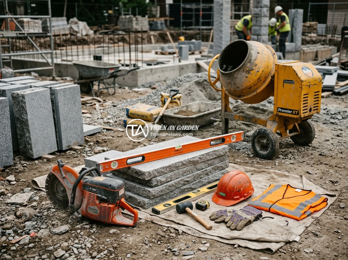 Hướng Dẫn Thi Công Trụ Đá Hàng Rào Đúng Tiêu Chuẩn, Bền Đẹp Lâu Dài - Hình 4 Hướng Dẫn Thi Công Trụ Đá Hàng Rào Đúng Tiêu Chuẩn, Bền Đẹp Lâu Dài - Construction tools and equipment for stone pillar installation including diamond