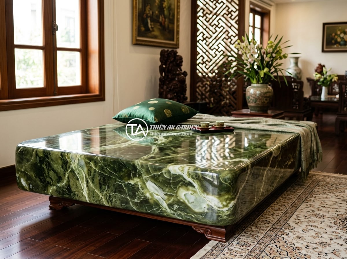 Hướng Dẫn Vệ Sinh Bảo Quản Sập Đá Tự Nhiên Đúng Cách Giữ Bền Đẹp Theo Năm Tháng - A luxurious natural stone bed (sap da) placed in an elegant Vietnamese living ro