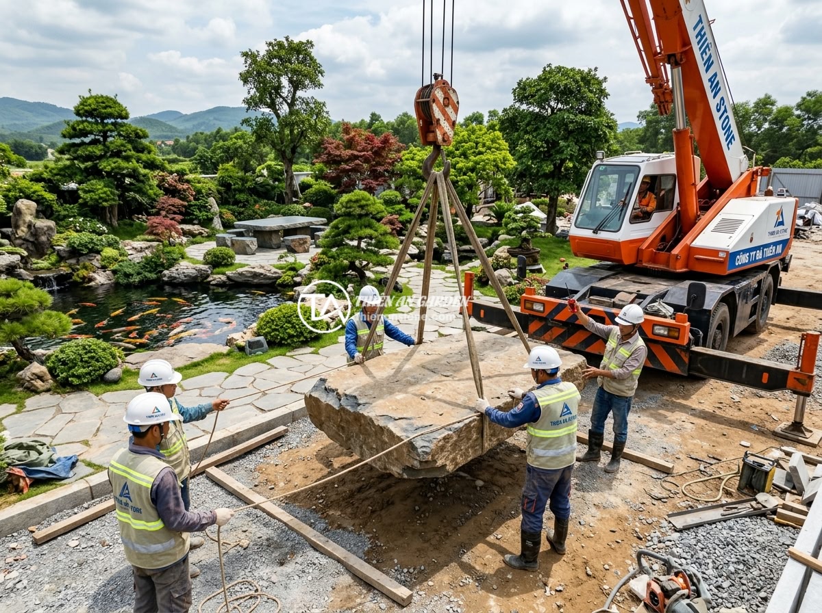 Kết Hợp Sập Đá Tiểu Cảnh Non Bộ Hồ Cá Koi: Ý Tưởng Thiết Kế Sân Vườn Phong Thủy - Professional team of Thien An Stone company working on a garden project with sto