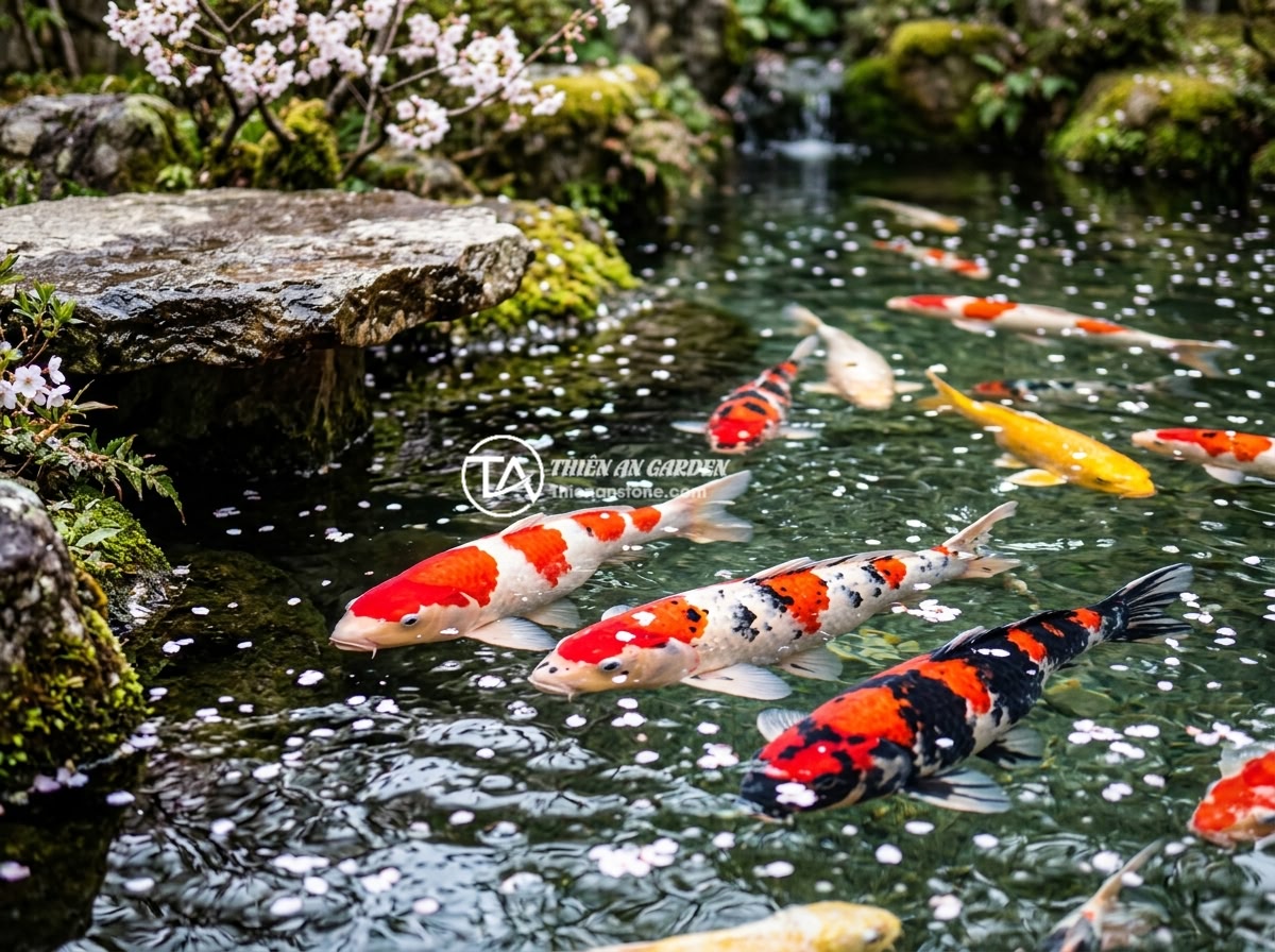 Kết Hợp Sập Đá Tiểu Cảnh Non Bộ Hồ Cá Koi: Ý Tưởng Thiết Kế Sân Vườn Phong Thủy - Beautiful colorful koi fish swimming in a crystal clear pond next to a natural s