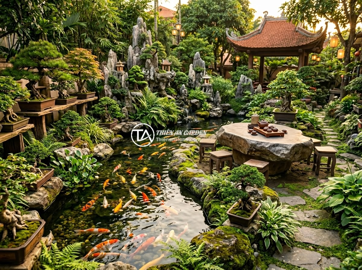 Kết Hợp Sập Đá Tiểu Cảnh Non Bộ Hồ Cá Koi: Ý Tưởng Thiết Kế Sân Vườn Phong Thủy - A beautifully curved koi pond wrapping around a large natural stone table in a V