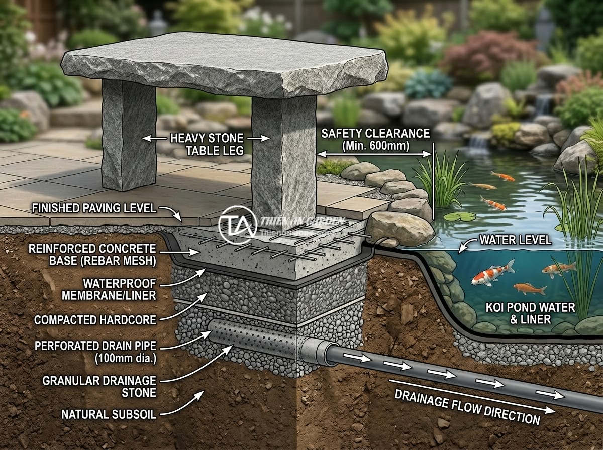 Kết Hợp Sập Đá Tiểu Cảnh Non Bộ Hồ Cá Koi: Ý Tưởng Thiết Kế Sân Vườn Phong Thủy - Cross-section technical diagram showing the structural foundation of a heavy sto