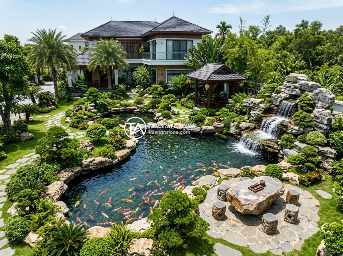 Kết Hợp Sập Đá Tiểu Cảnh Non Bộ Hồ Cá Koi: Ý Tưởng Thiết Kế Sân Vườn Phong Thủy - A stunning completed project showing a premium Vietnamese garden with large natu