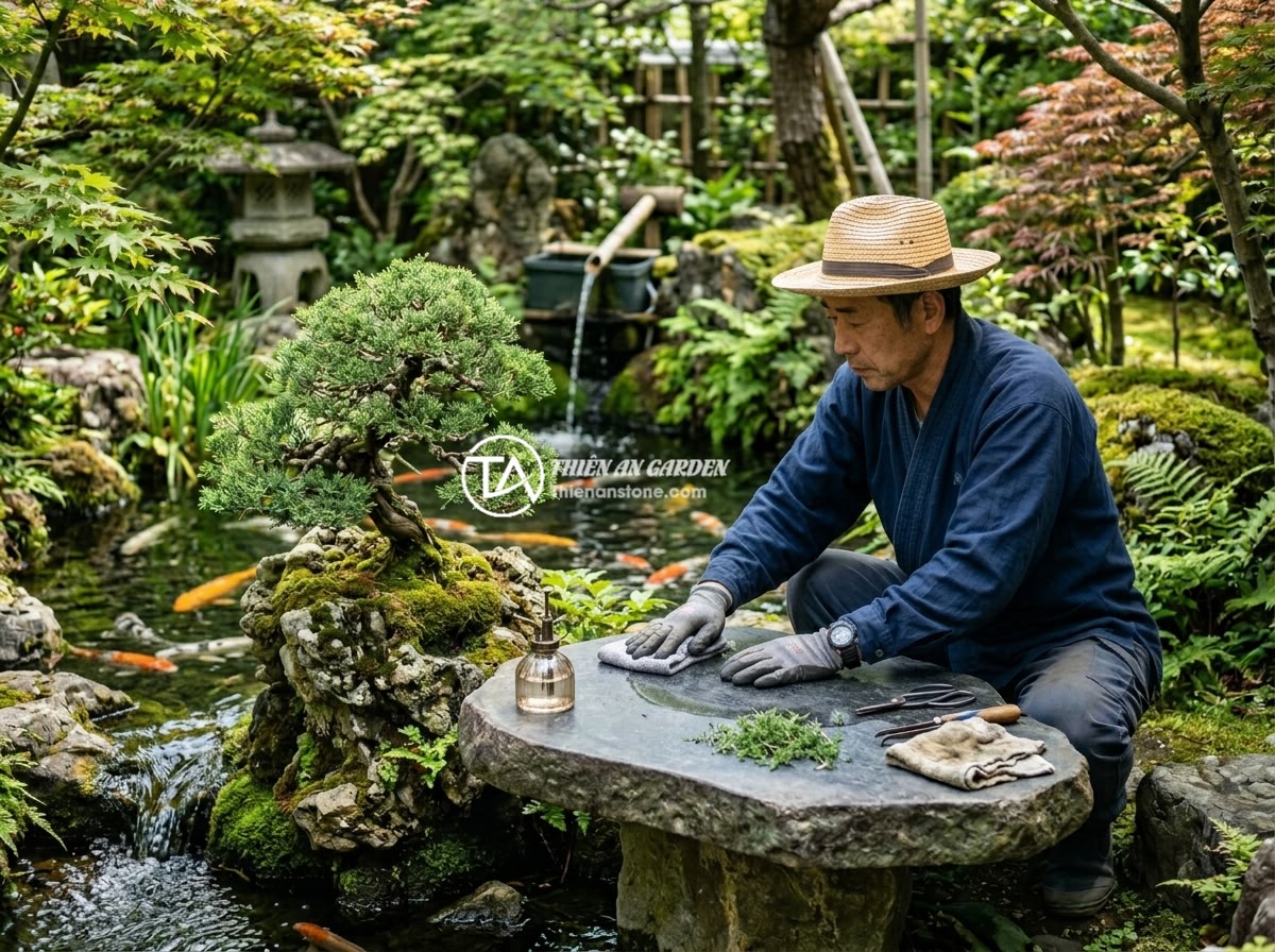 Kết Hợp Sập Đá Tiểu Cảnh Non Bộ Hồ Cá Koi: Ý Tưởng Thiết Kế Sân Vườn Phong Thủy - A gardener performing maintenance on a stone table and koi pond garden, cleaning
