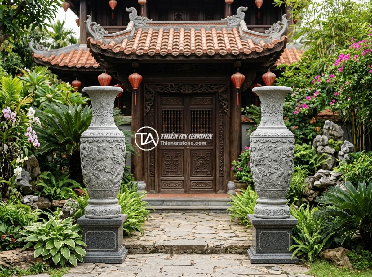 Kinh Nghiệm Chọn Mua Lục Bình Đá Chất Lượng Cao: 7 Tiêu Chí Quan Trọng Nhất - A pair of natural stone vases (luc binh da) displayed at the entrance of a tradi