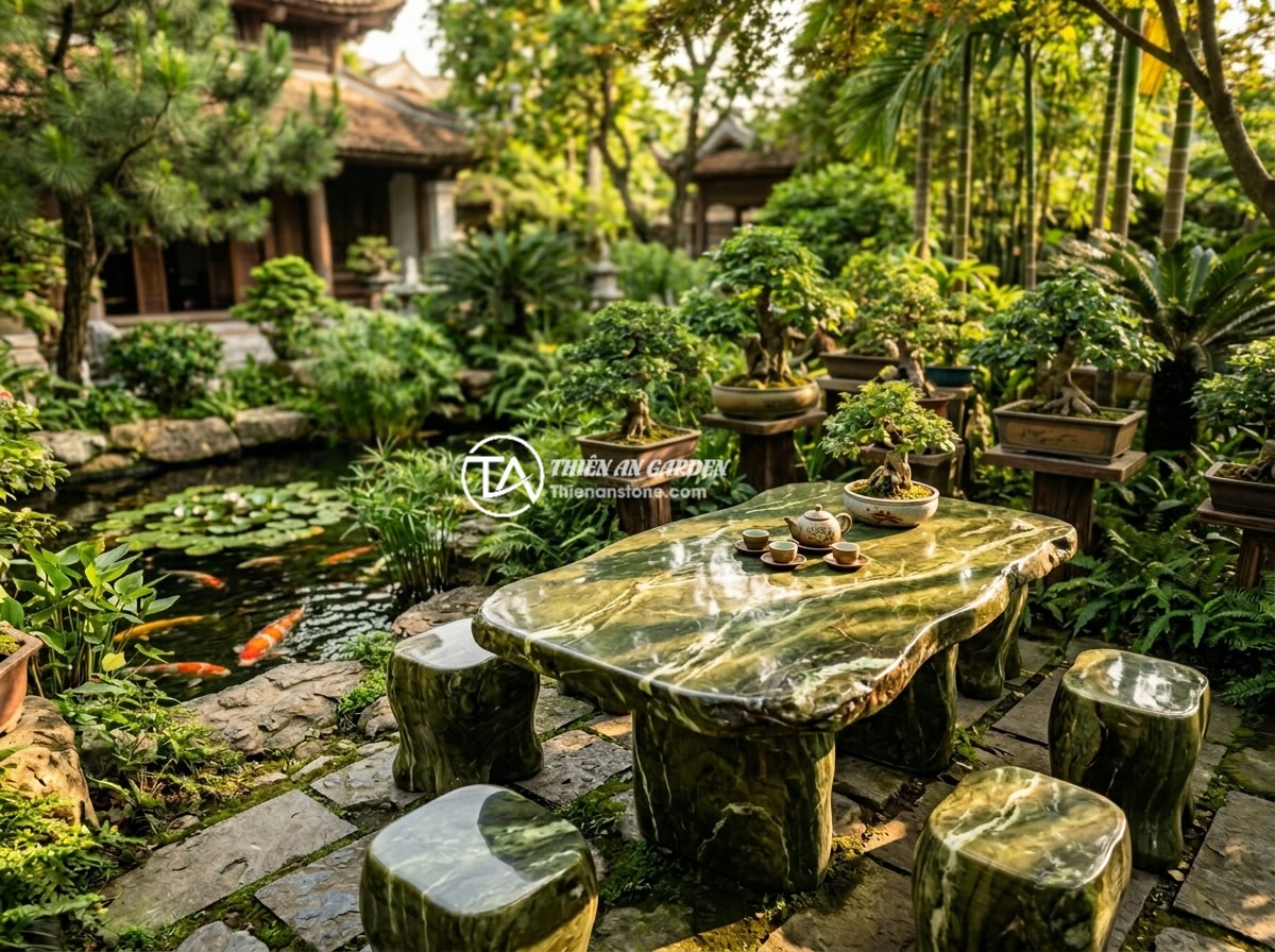 Kinh Nghiệm Chọn Mua Sập Đá Tự Nhiên: 8 Tiêu Chí Để Chọn Hàng Chất Lượng Cao - A luxurious natural stone table set placed in a traditional Vietnamese garden wi