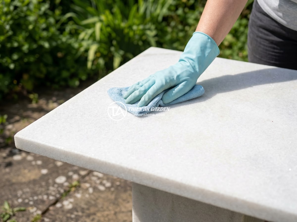 Kinh Nghiệm Chọn Mua Sập Đá Tự Nhiên: 8 Tiêu Chí Để Chọn Hàng Chất Lượng Cao - Step-by-step maintenance guide for natural stone table showing cleaning with sof