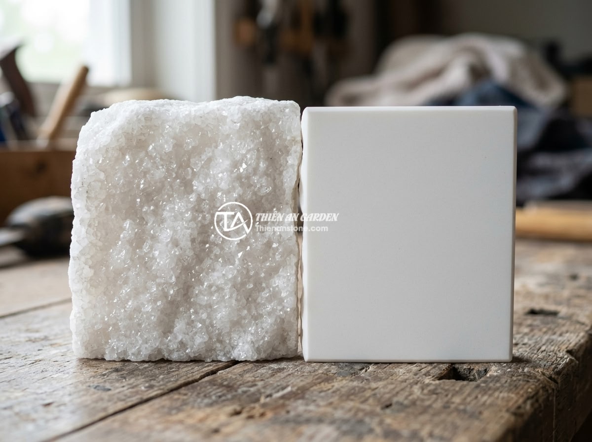Kinh Nghiệm Chọn Mua Sập Đá Tự Nhiên: 8 Tiêu Chí Để Chọn Hàng Chất Lượng Cao - Close-up comparison of genuine natural stone surface versus artificial stone, sh