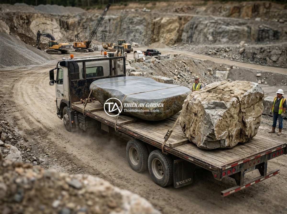 Kinh Nghiệm Chọn Mua Sập Đá Tự Nhiên: 8 Tiêu Chí Để Chọn Hàng Chất Lượng Cao - A massive single-piece natural stone table being transported from a quarry, show