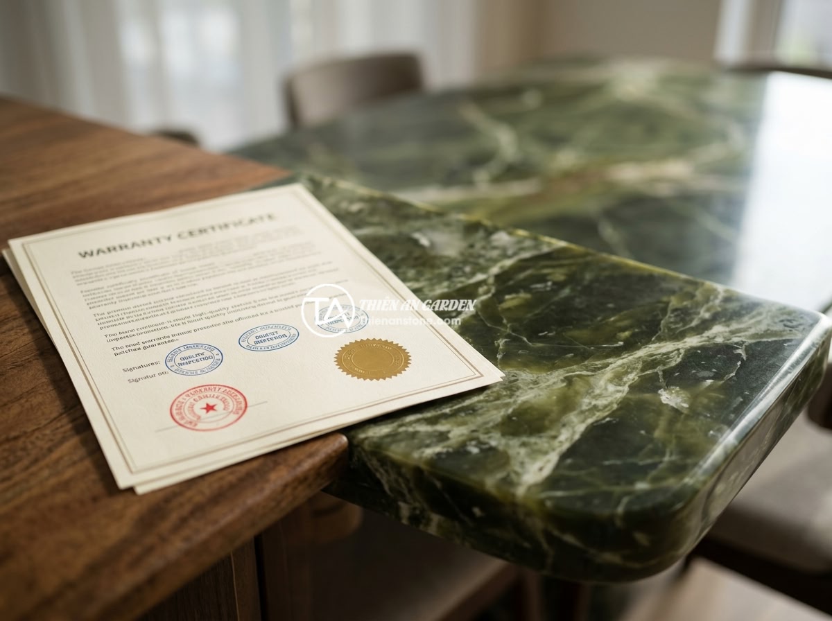 Kinh Nghiệm Chọn Mua Sập Đá Tự Nhiên: 8 Tiêu Chí Để Chọn Hàng Chất Lượng Cao - A formal warranty certificate document next to a premium natural stone table set