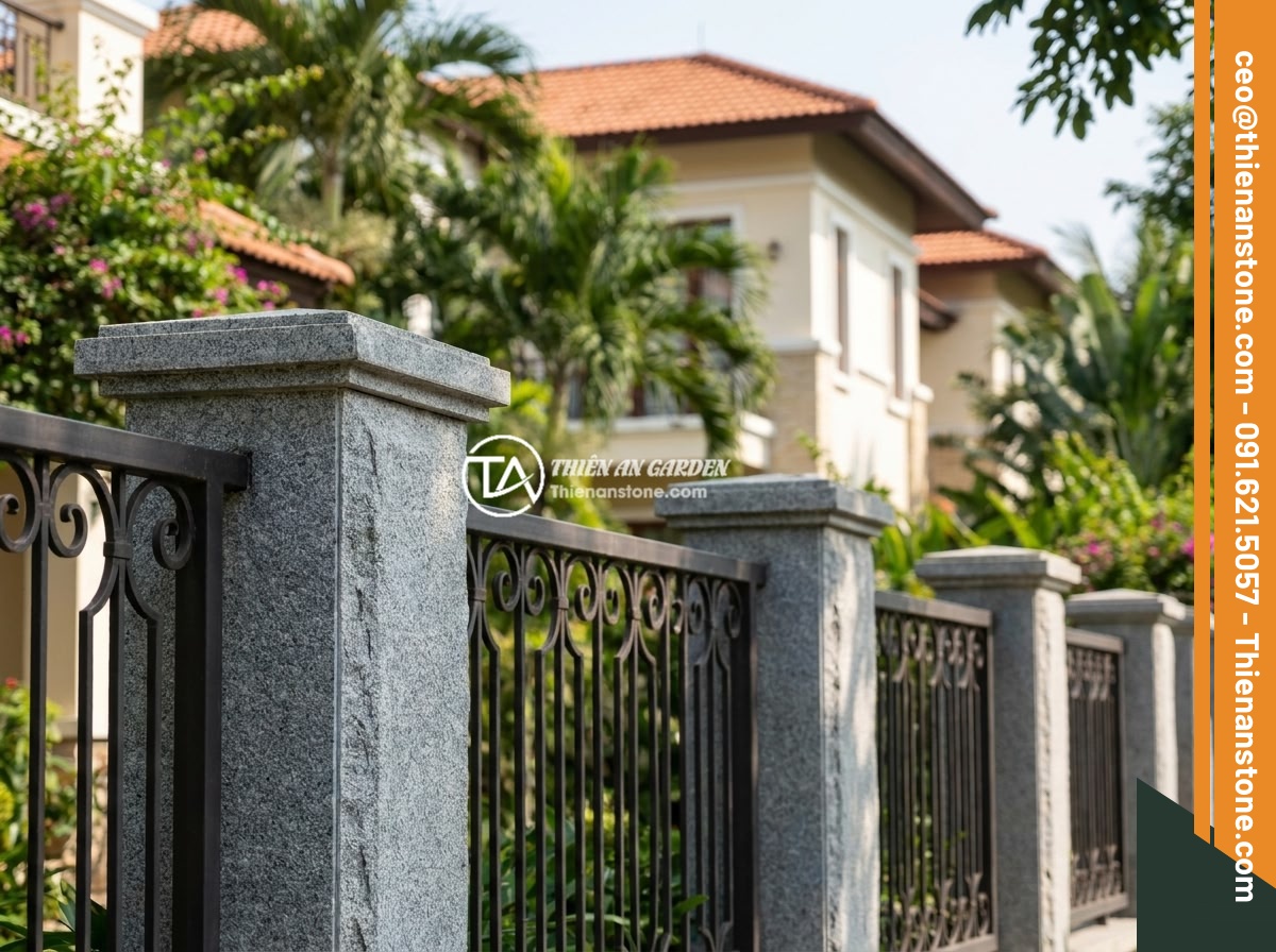 Kinh Nghiệm Thi Công Hàng Rào Bằng Trụ Đá: Tiết Kiệm Chi Phí Tối Đa - Elegant stone pillar fence in front of a luxury Vietnamese villa with natural st