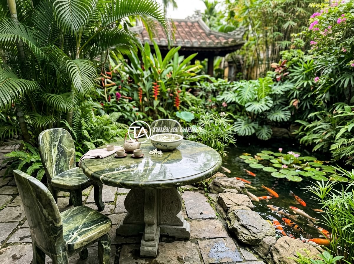Lợi Ích Sập Đá Tự Nhiên So Với Ghế Nhựa Gỗ: Lý Do Nên Chọn Đá Cho Sân Vườn - Hình 1 Lợi Ích Sập Đá Tự Nhiên So Với Ghế Nhựa Gỗ: Lý Do Nên Chọn Đá Cho Sân Vườn - A beautiful natural stone table set placed in a luxurious Vietnamese garden with