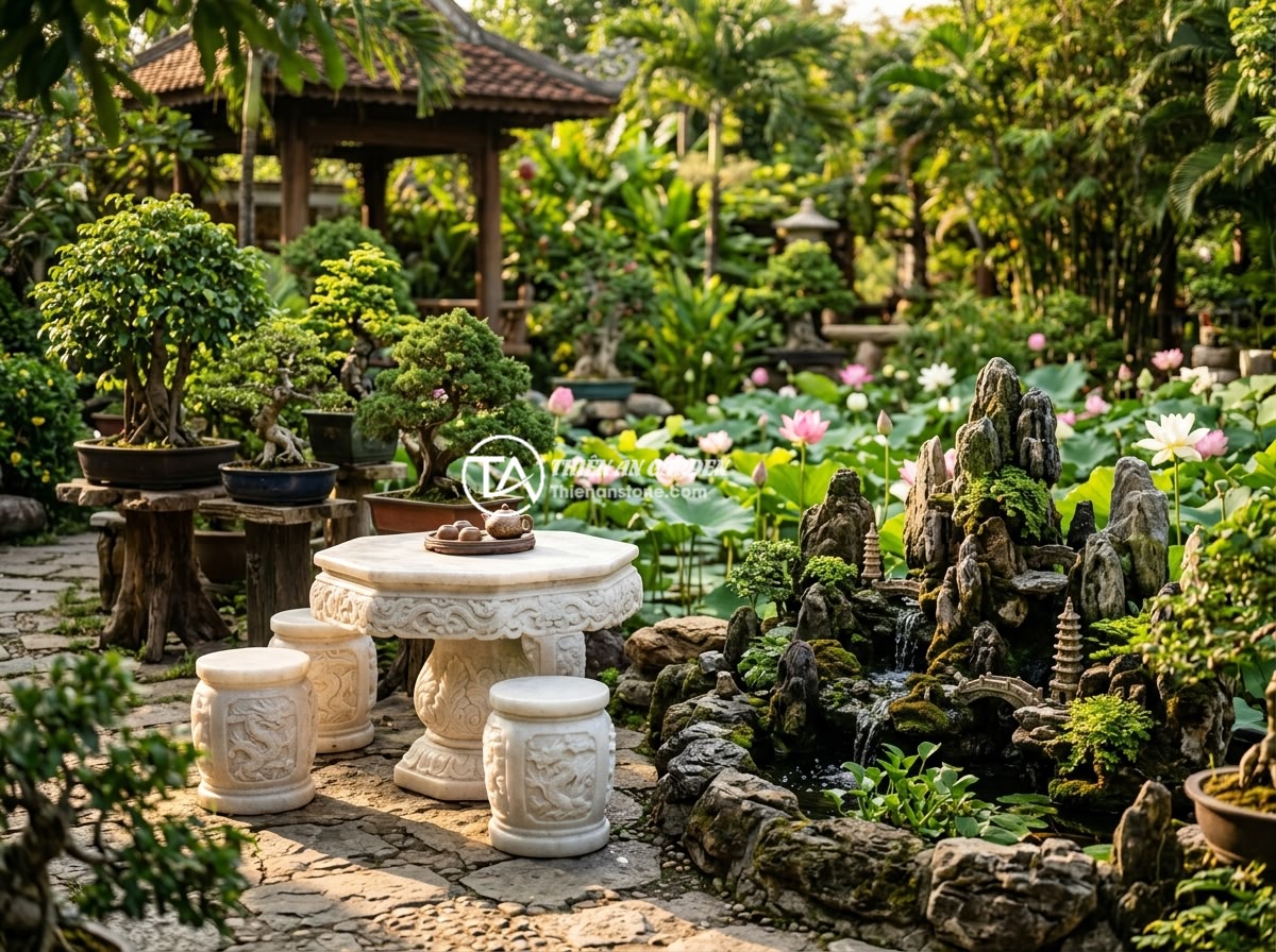 Lợi Ích Sập Đá Tự Nhiên So Với Ghế Nhựa Gỗ: Lý Do Nên Chọn Đá Cho Sân Vườn - Hình 10 Lợi Ích Sập Đá Tự Nhiên So Với Ghế Nhựa Gỗ: Lý Do Nên Chọn Đá Cho Sân Vườn - A traditional Vietnamese garden design combining an ornately carved natural ston