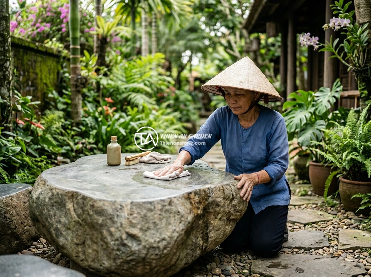 Lợi Ích Sập Đá Tự Nhiên So Với Ghế Nhựa Gỗ: Lý Do Nên Chọn Đá Cho Sân Vườn - Hình 11 Lợi Ích Sập Đá Tự Nhiên So Với Ghế Nhựa Gỗ: Lý Do Nên Chọn Đá Cho Sân Vườn - A gardener carefully cleaning and maintaining a beautifully carved natural stone