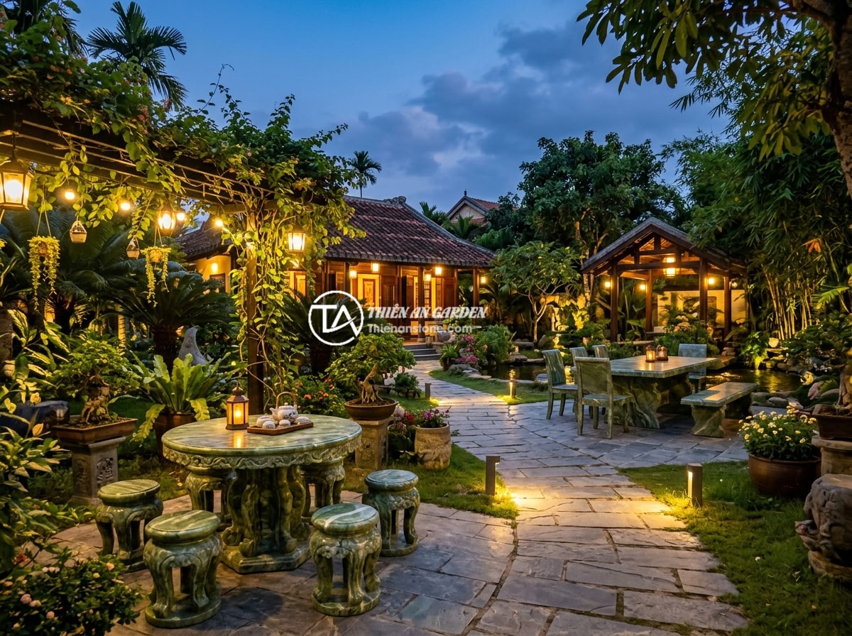 Lợi Ích Sập Đá Tự Nhiên So Với Ghế Nhựa Gỗ: Lý Do Nên Chọn Đá Cho Sân Vườn - Hình 12 Lợi Ích Sập Đá Tự Nhiên So Với Ghế Nhựa Gỗ: Lý Do Nên Chọn Đá Cho Sân Vườn - A stunning Vietnamese garden estate with multiple natural stone furniture sets,