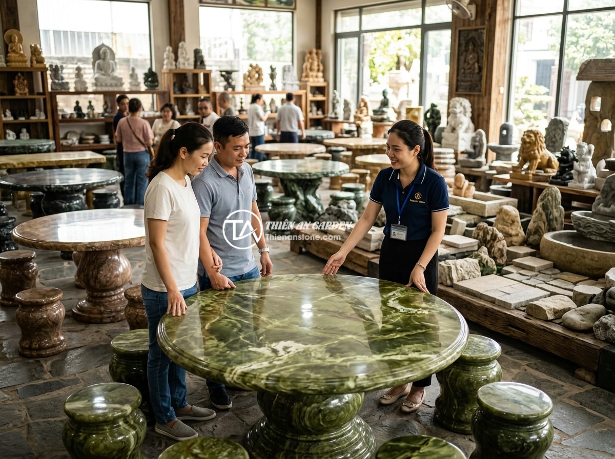 Lợi Ích Sập Đá Tự Nhiên So Với Ghế Nhựa Gỗ: Lý Do Nên Chọn Đá Cho Sân Vườn - Hình 13 Lợi Ích Sập Đá Tự Nhiên So Với Ghế Nhựa Gỗ: Lý Do Nên Chọn Đá Cho Sân Vườn - The Thien An Stone company showroom displaying a wide variety of natural stone t