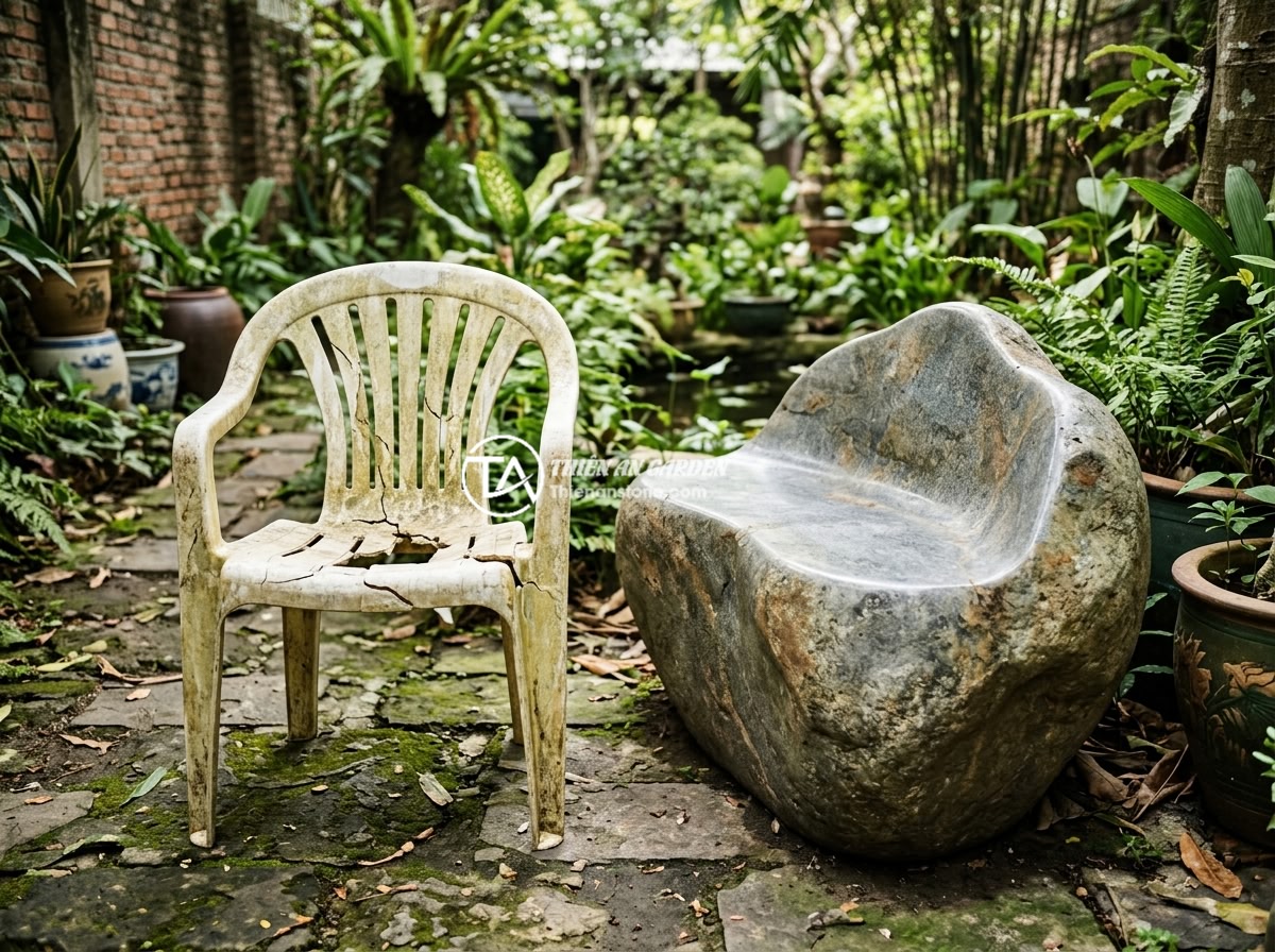 Lợi Ích Sập Đá Tự Nhiên So Với Ghế Nhựa Gỗ: Lý Do Nên Chọn Đá Cho Sân Vườn - Hình 3 Lợi Ích Sập Đá Tự Nhiên So Với Ghế Nhựa Gỗ: Lý Do Nên Chọn Đá Cho Sân Vườn - Comparison scene showing a faded cracked plastic chair next to a pristine natura