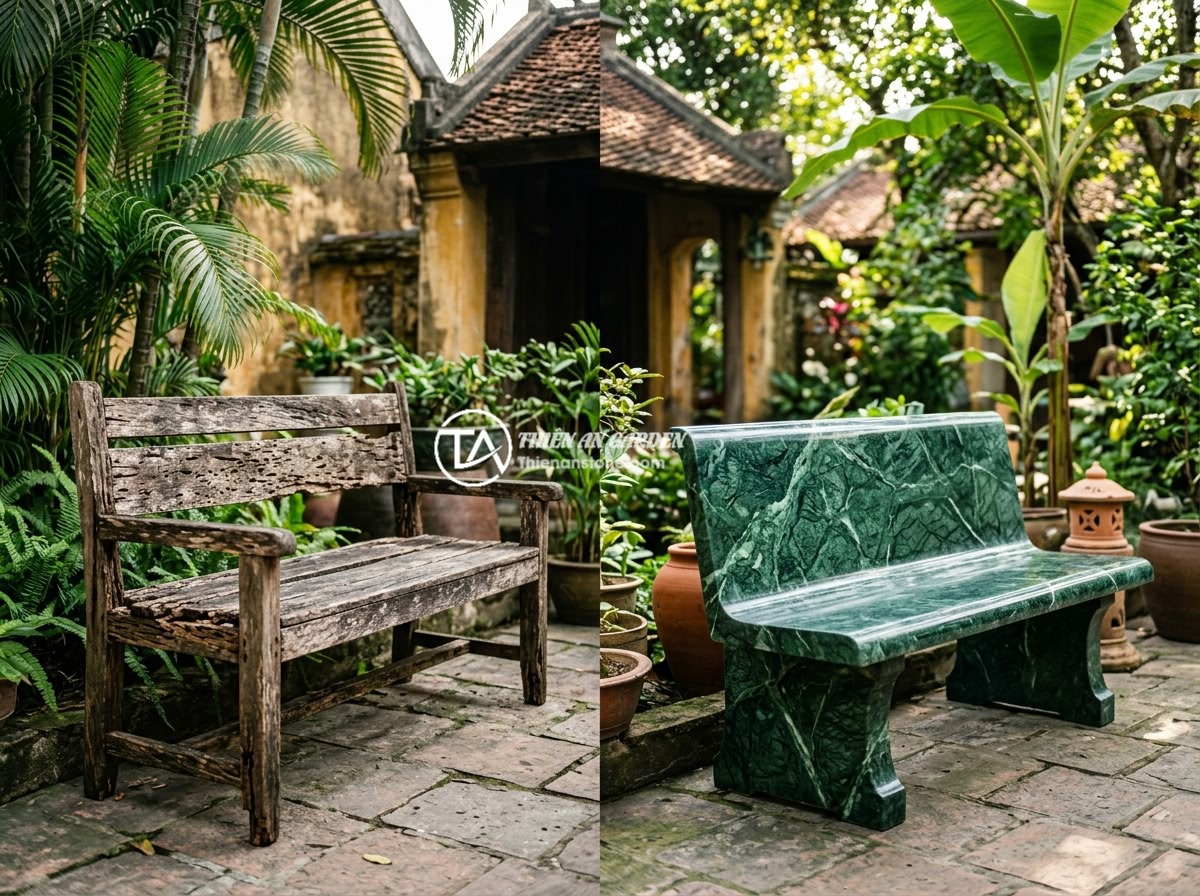 Lợi Ích Sập Đá Tự Nhiên So Với Ghế Nhựa Gỗ: Lý Do Nên Chọn Đá Cho Sân Vườn - Hình 4 Lợi Ích Sập Đá Tự Nhiên So Với Ghế Nhựa Gỗ: Lý Do Nên Chọn Đá Cho Sân Vườn - Side by side comparison between a weathered wooden garden bench showing cracks a