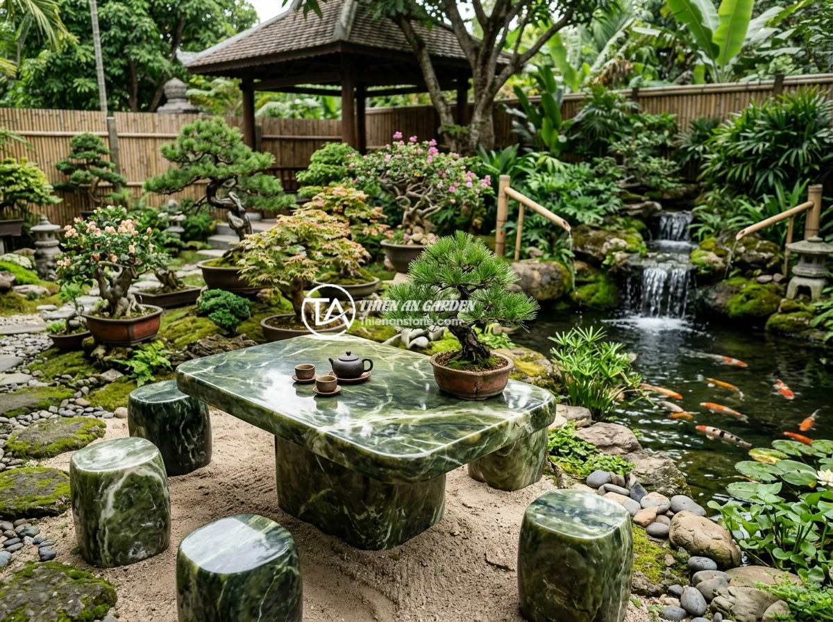 Lợi Ích Sập Đá Tự Nhiên So Với Ghế Nhựa Gỗ: Lý Do Nên Chọn Đá Cho Sân Vườn - Hình 5 Lợi Ích Sập Đá Tự Nhiên So Với Ghế Nhựa Gỗ: Lý Do Nên Chọn Đá Cho Sân Vườn - A peaceful zen garden scene with a natural stone table set surrounded by bonsai