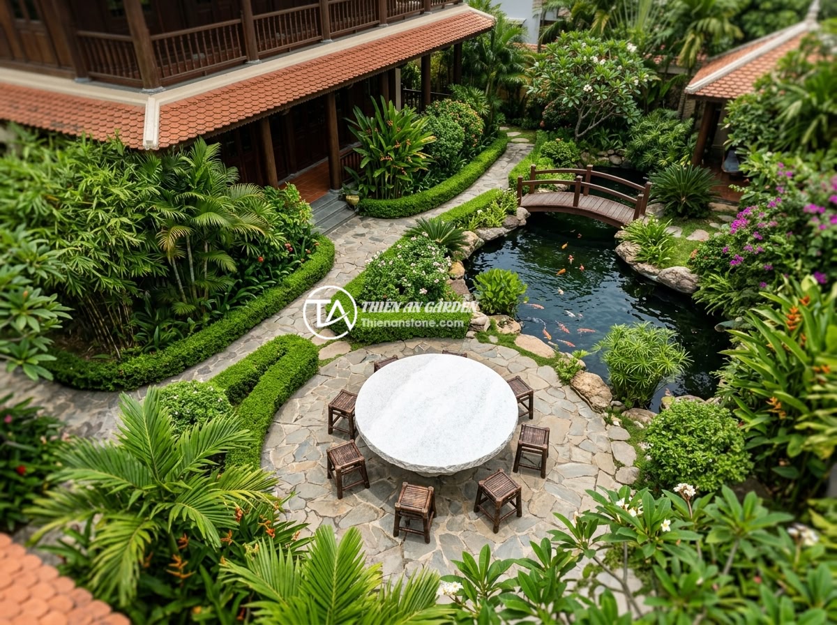 Lợi Ích Sập Đá Tự Nhiên So Với Ghế Nhựa Gỗ: Lý Do Nên Chọn Đá Cho Sân Vườn - Hình 6 Lợi Ích Sập Đá Tự Nhiên So Với Ghế Nhựa Gỗ: Lý Do Nên Chọn Đá Cho Sân Vườn - An aerial view of a luxury Vietnamese villa garden featuring a large natural sto