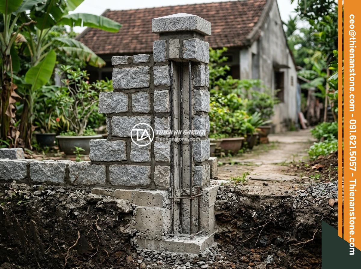 Lỗi Thường Gặp Khi Lắp Trụ Đá Hàng Rào Và Cách Khắc Phục Hiệu Quả - A detailed cross-section diagram showing a natural stone fence post installation