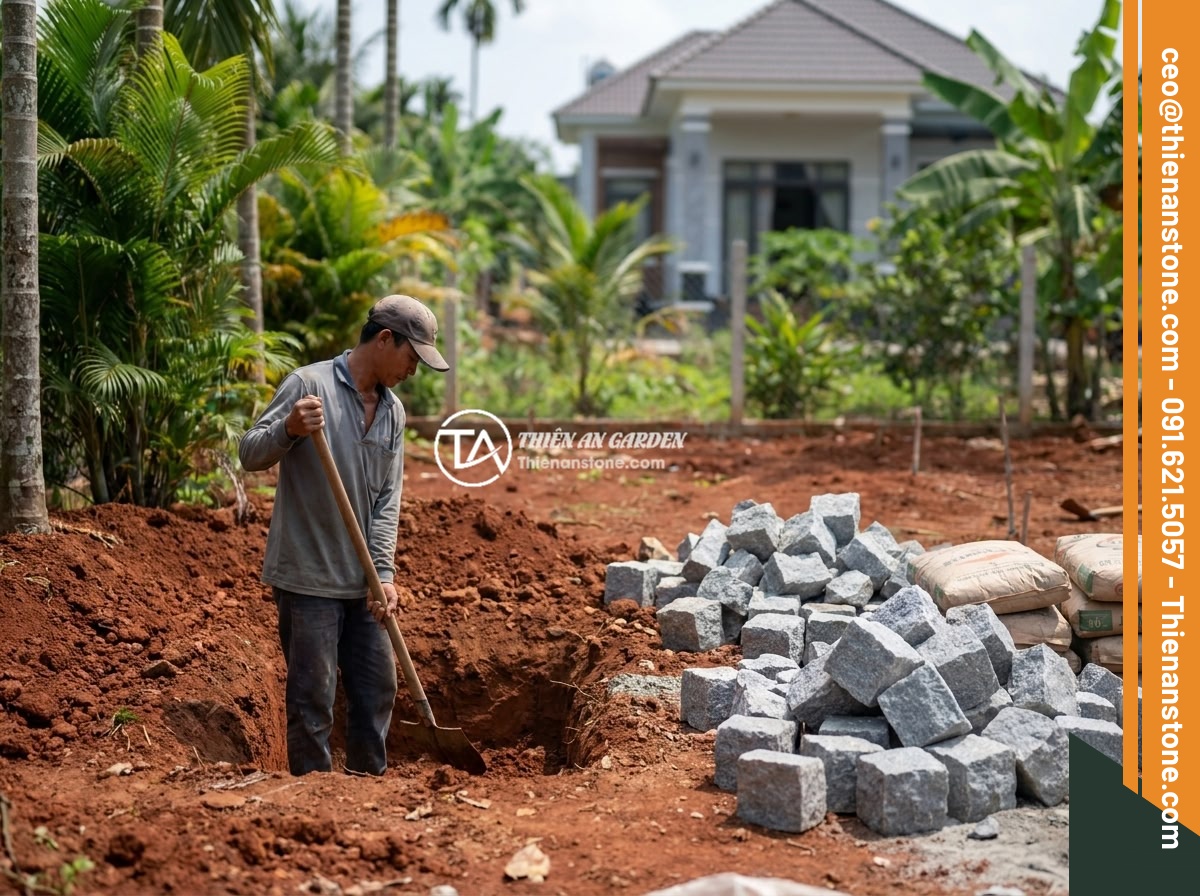 Lỗi Thường Gặp Khi Lắp Trụ Đá Hàng Rào Và Cách Khắc Phục Hiệu Quả - Step-by-step construction process of natural stone fence posts from foundation e