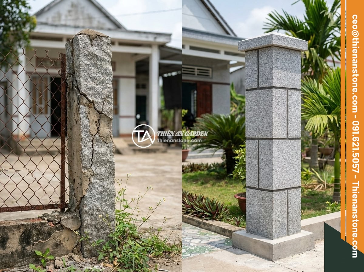 Lỗi Thường Gặp Khi Lắp Trụ Đá Hàng Rào Và Cách Khắc Phục Hiệu Quả - A side-by-side comparison photo showing a poorly installed cracked stone fence p