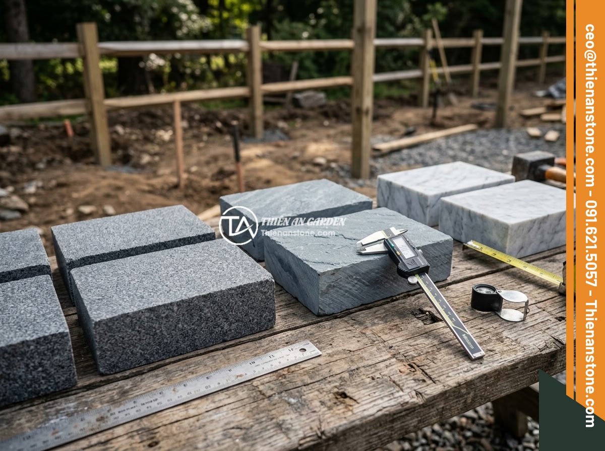 Lỗi Thường Gặp Khi Lắp Trụ Đá Hàng Rào Và Cách Khắc Phục Hiệu Quả - Various types of natural stone blocks arranged for quality inspection before fen