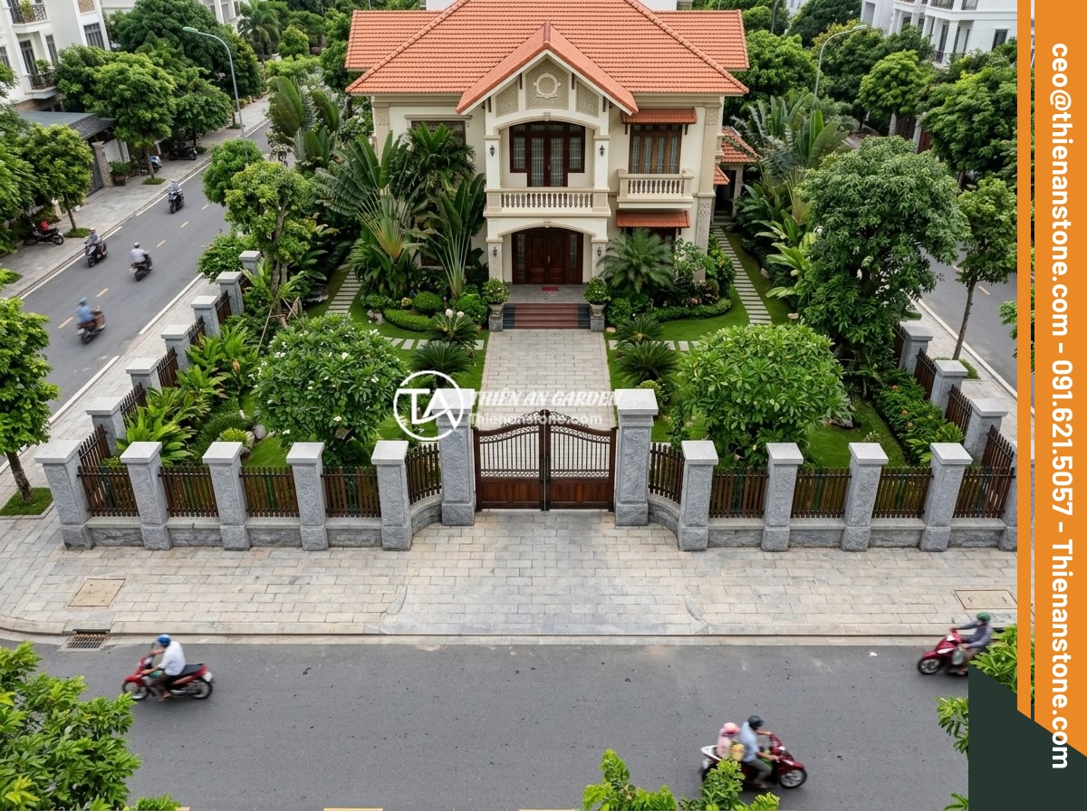 Lỗi Thường Gặp Khi Lắp Trụ Đá Hàng Rào Và Cách Khắc Phục Hiệu Quả - An aerial view of a symmetrically designed stone fence post layout along the fro