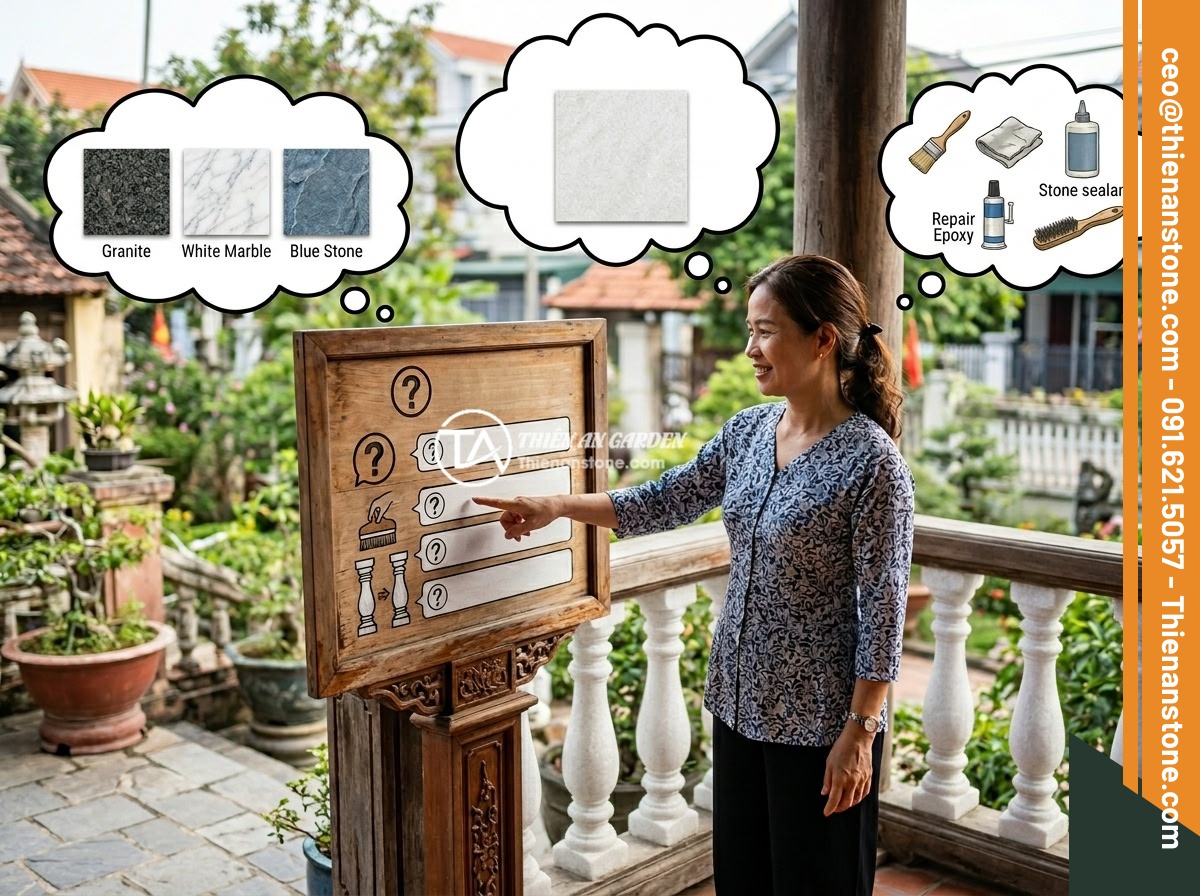 Lục Bình Đá Bị Nứt, Lỏng, Ố Màu: Nguyên Nhân Phổ Biến & Cách Khắc Phục Triệt Để - Hình 11 Lục Bình Đá Bị Nứt, Lỏng, Ố Màu: Nguyên Nhân Phổ Biến & Cách Khắc Phục Triệt Để - FAQ section illustration showing a Vietnamese homeowner pointing at questions ab