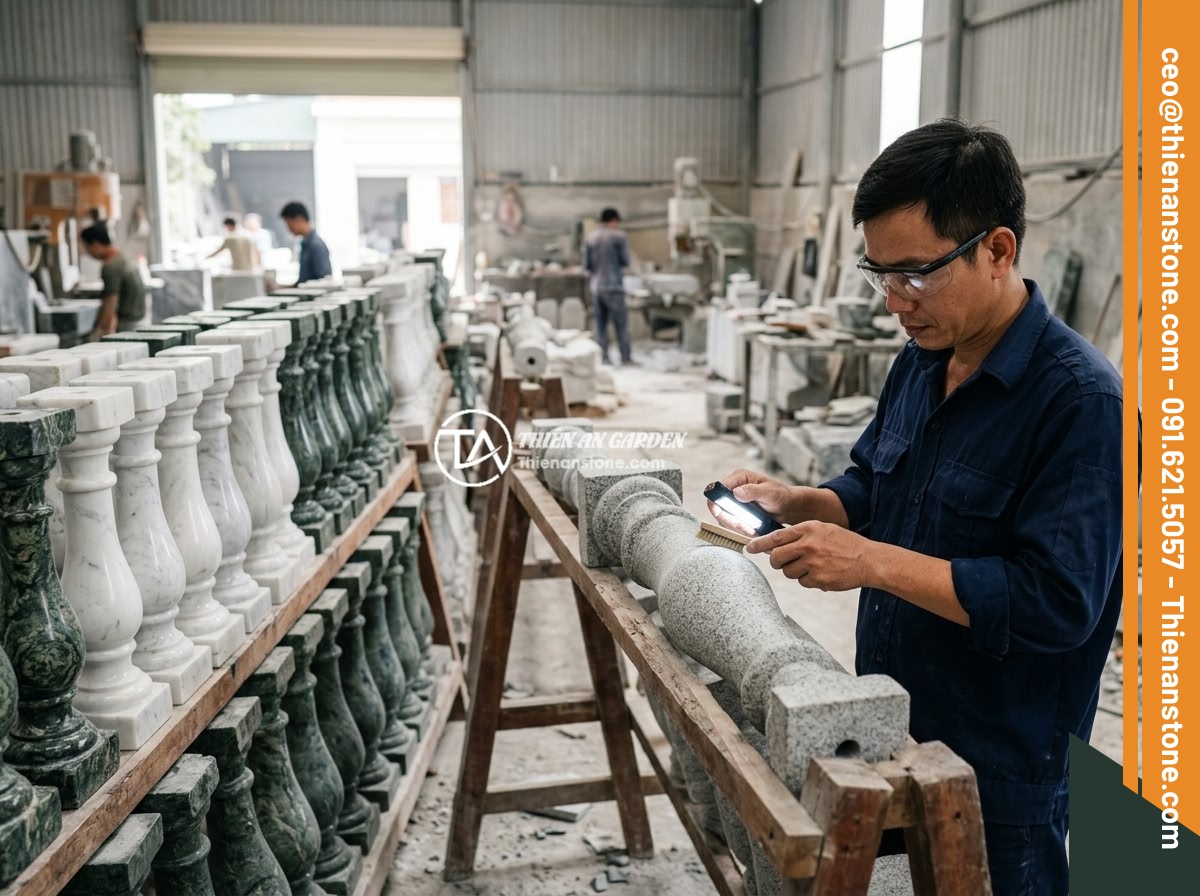 Lục Bình Đá Bị Nứt, Lỏng, Ố Màu: Nguyên Nhân Phổ Biến & Cách Khắc Phục Triệt Để - Hình 12 Lục Bình Đá Bị Nứt, Lỏng, Ố Màu: Nguyên Nhân Phổ Biến & Cách Khắc Phục Triệt Để - Showroom display of high-quality natural stone balusters in various stone types
