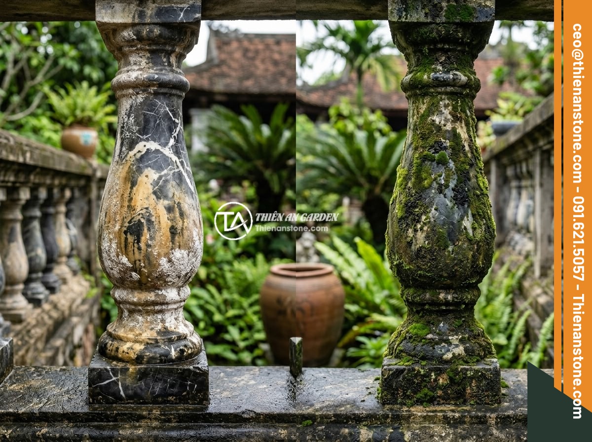 Lục Bình Đá Bị Nứt, Lỏng, Ố Màu: Nguyên Nhân Phổ Biến & Cách Khắc Phục Triệt Để - Hình 4 Lục Bình Đá Bị Nứt, Lỏng, Ố Màu: Nguyên Nhân Phổ Biến & Cách Khắc Phục Triệt Để - Side-by-side comparison photo of two stone balusters: one showing severe yellow-