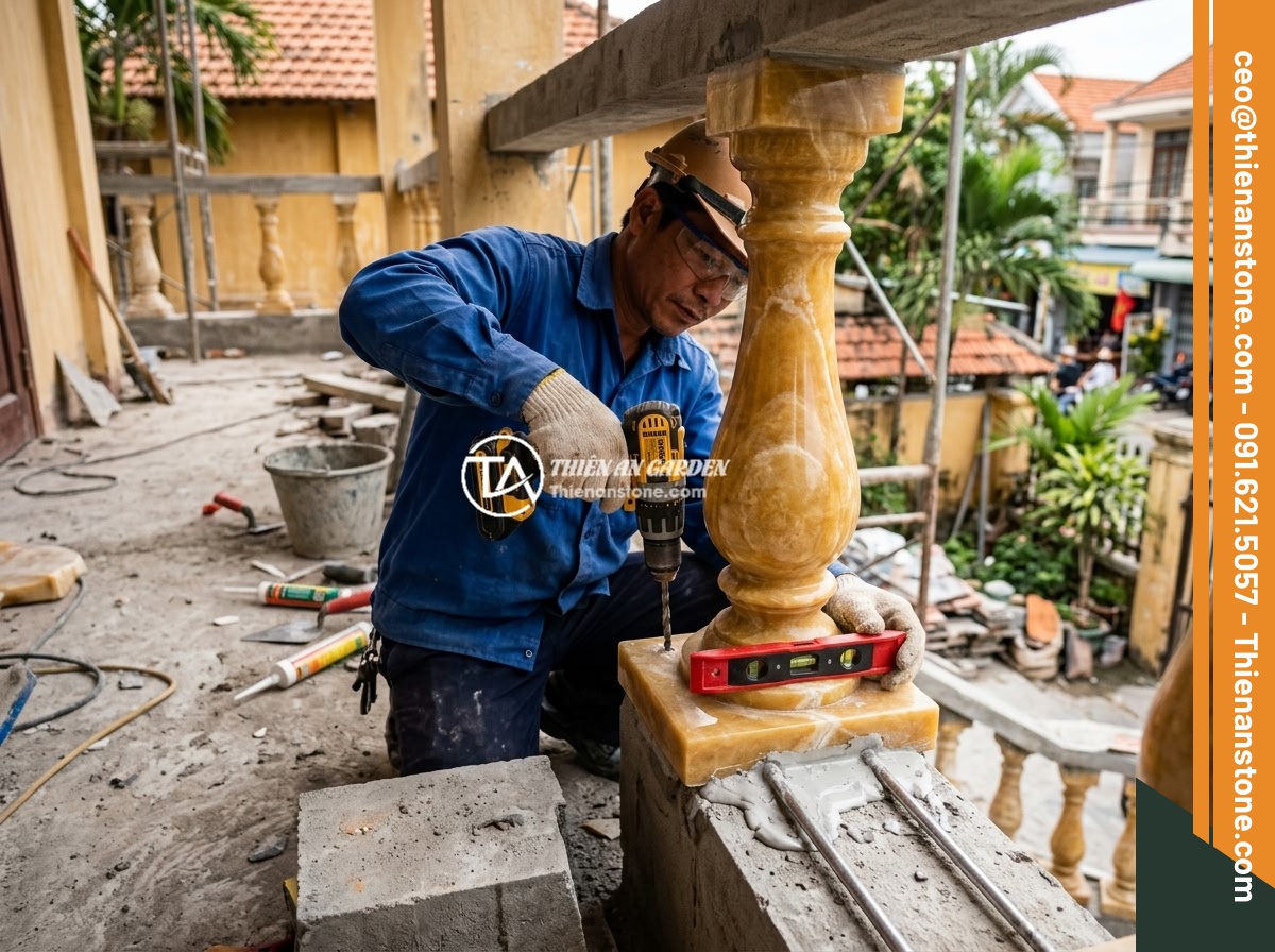 Lục Bình Đá Bị Nứt, Lỏng, Ố Màu: Nguyên Nhân Phổ Biến & Cách Khắc Phục Triệt Để - Hình 6 Lục Bình Đá Bị Nứt, Lỏng, Ố Màu: Nguyên Nhân Phổ Biến & Cách Khắc Phục Triệt Để - Professional worker using a level tool and power drill to reinstall a stone balu