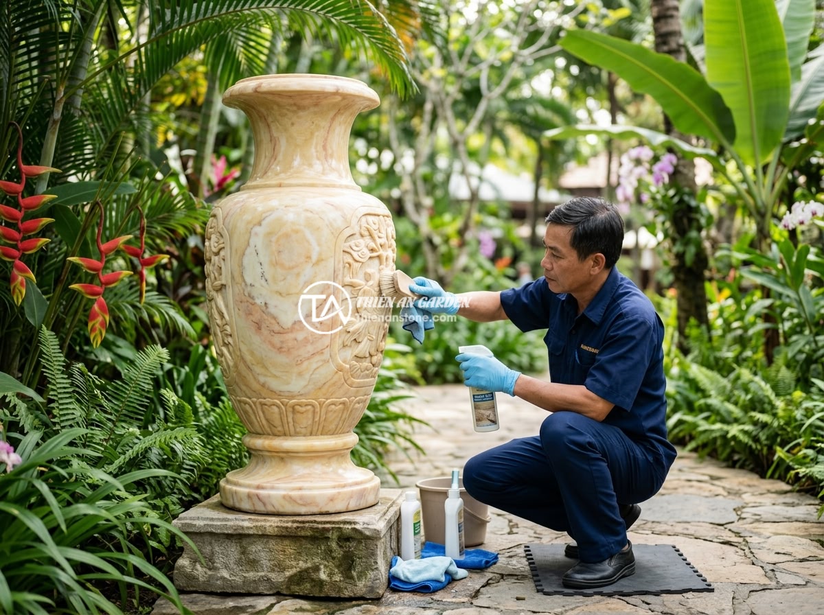 Lục Bình Đá Cho Resort & Homestay: Tạo Không Gian Sang Trọng, Gần Gũi Với Thiên Nhiên - A resort maintenance worker carefully cleaning and polishing a large decorative 
