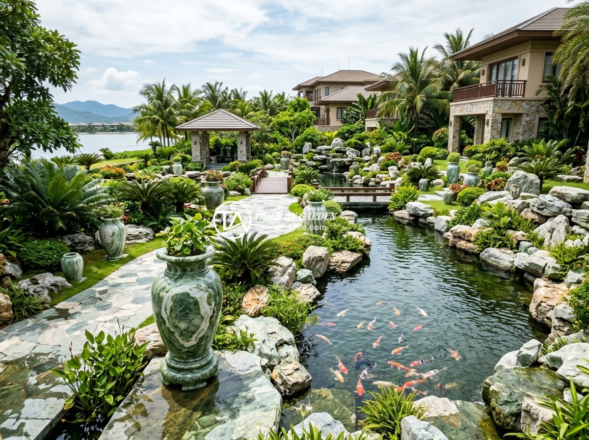 Lục Bình Đá Cho Resort & Homestay: Tạo Không Gian Sang Trọng, Gần Gũi Với Thiên Nhiên - Completed luxury resort project by Thien An Stone featuring multiple stone vases