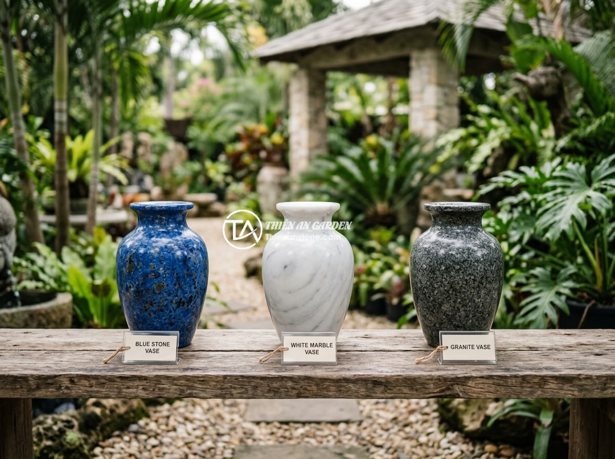 Lục Bình Đá Cho Resort & Homestay: Tạo Không Gian Sang Trọng, Gần Gũi Với Thiên Nhiên - Three different types of decorative stone vases displayed in a row - blue stone,