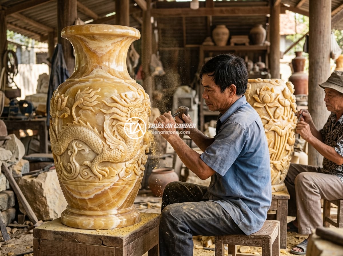 Lục Bình Đá Cho Resort & Homestay: Tạo Không Gian Sang Trọng, Gần Gũi Với Thiên Nhiên - Craftsmen carefully carving intricate dragon and lotus patterns on a large stone
