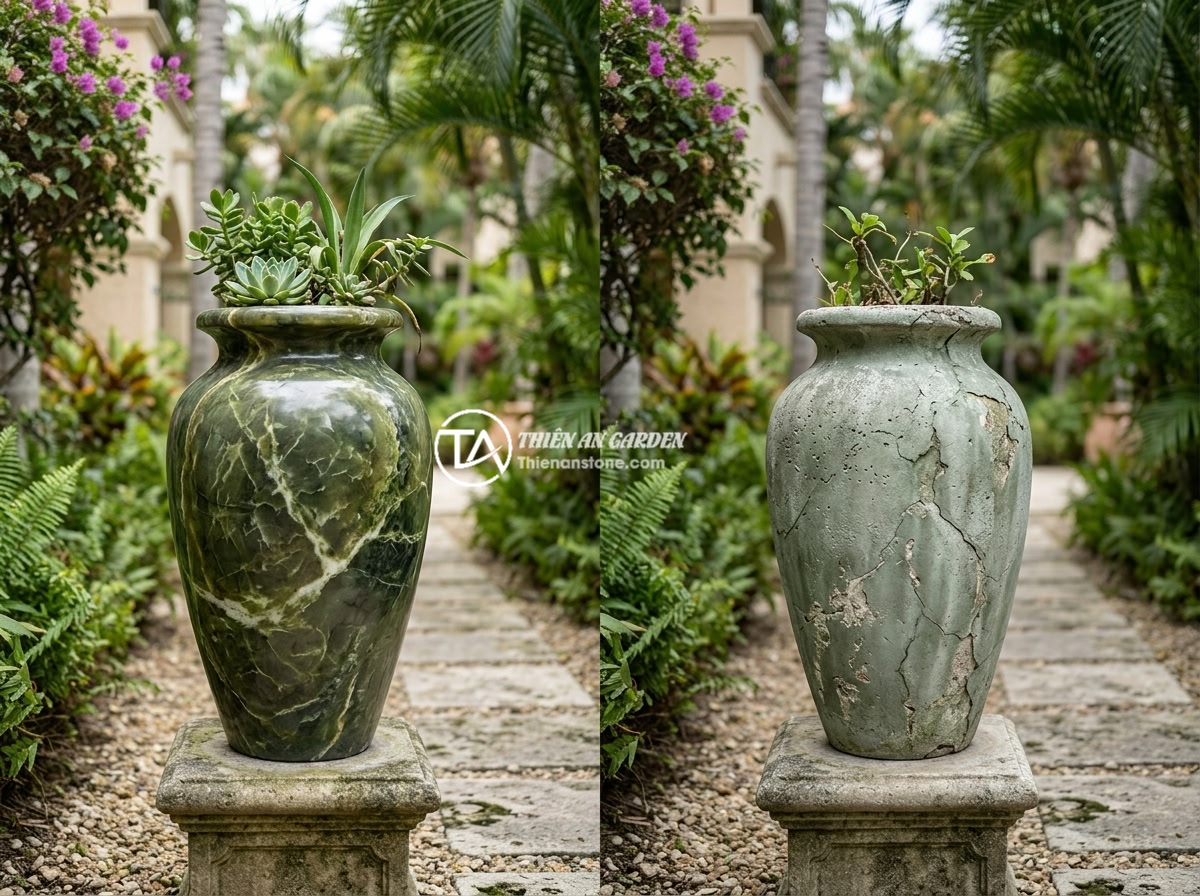 Lục Bình Đá Cho Resort & Homestay: Tạo Không Gian Sang Trọng, Gần Gũi Với Thiên Nhiên - A side-by-side comparison in a resort setting showing a natural stone vase versu