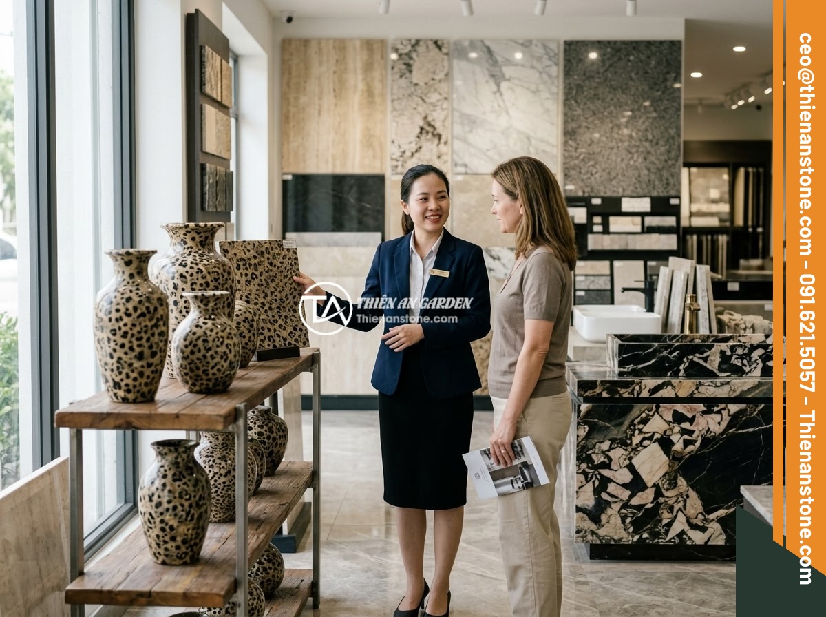 Lục Bình Đá Da Báo – Họa Tiết Độc Đáo, Ứng Dụng Và Cách Phối Hợp Trong Thiết Kế - Thien An Stone showroom displaying premium leopard stone vases collection, profe