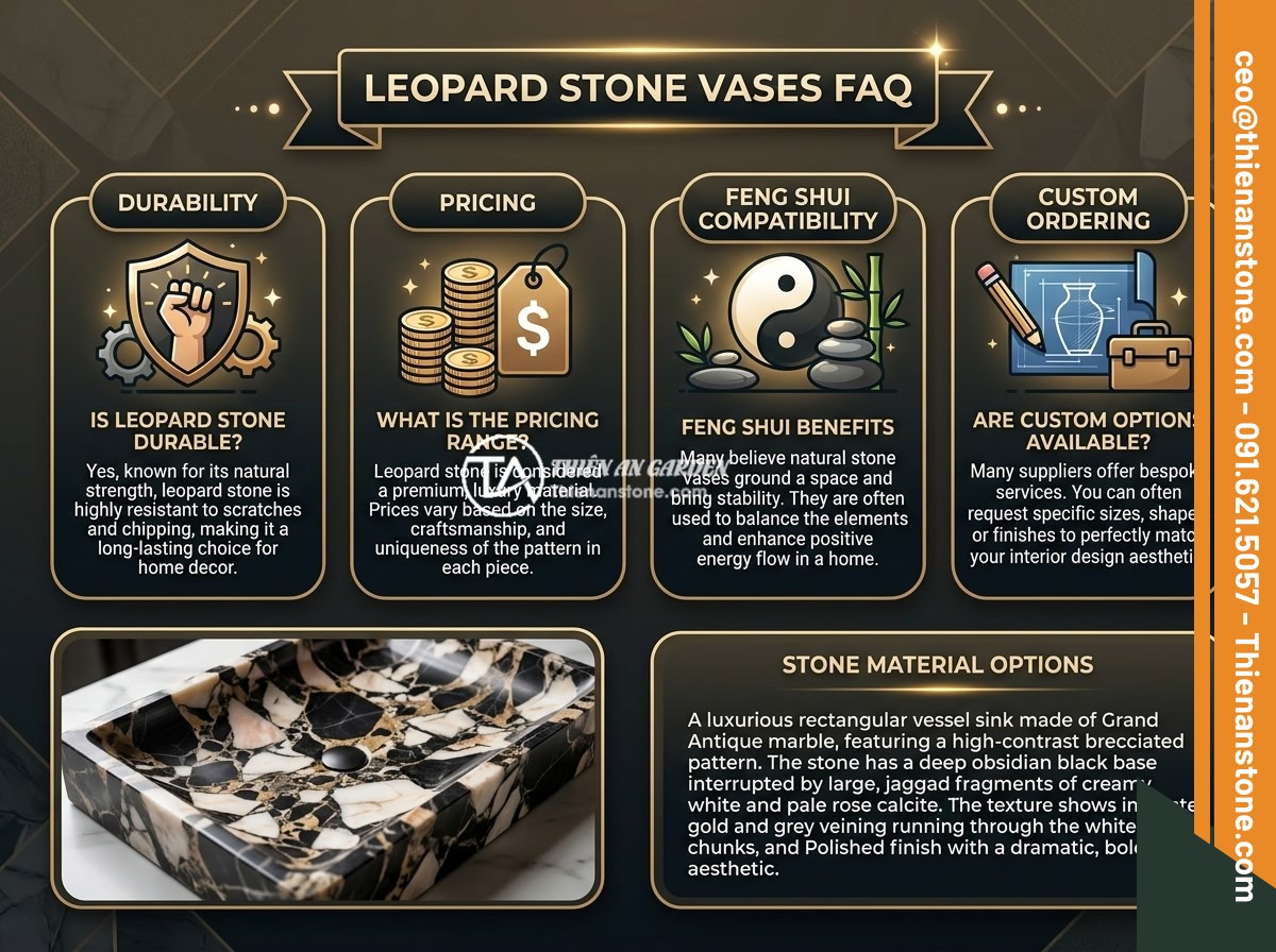 Lục Bình Đá Da Báo – Họa Tiết Độc Đáo, Ứng Dụng Và Cách Phối Hợp Trong Thiết Kế - FAQ infographic about leopard stone vases with icons representing durability, pr