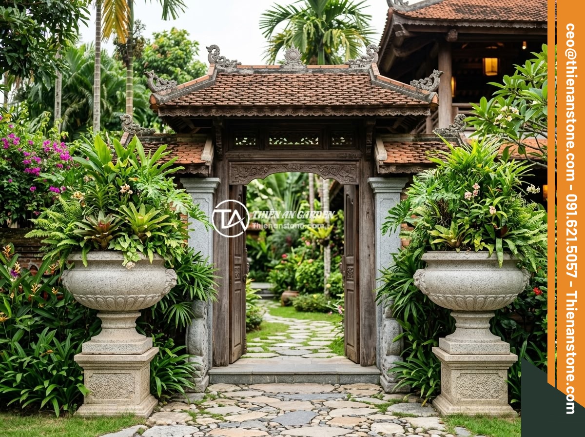 Lục Bình Đá Hoa Cương – Độ Bền Cao, Giá Thành Hợp Lý Cho Công Trình Lớn Ngoài Trời - A pair of large granite stone balustrade vases placed symmetrically at the entra