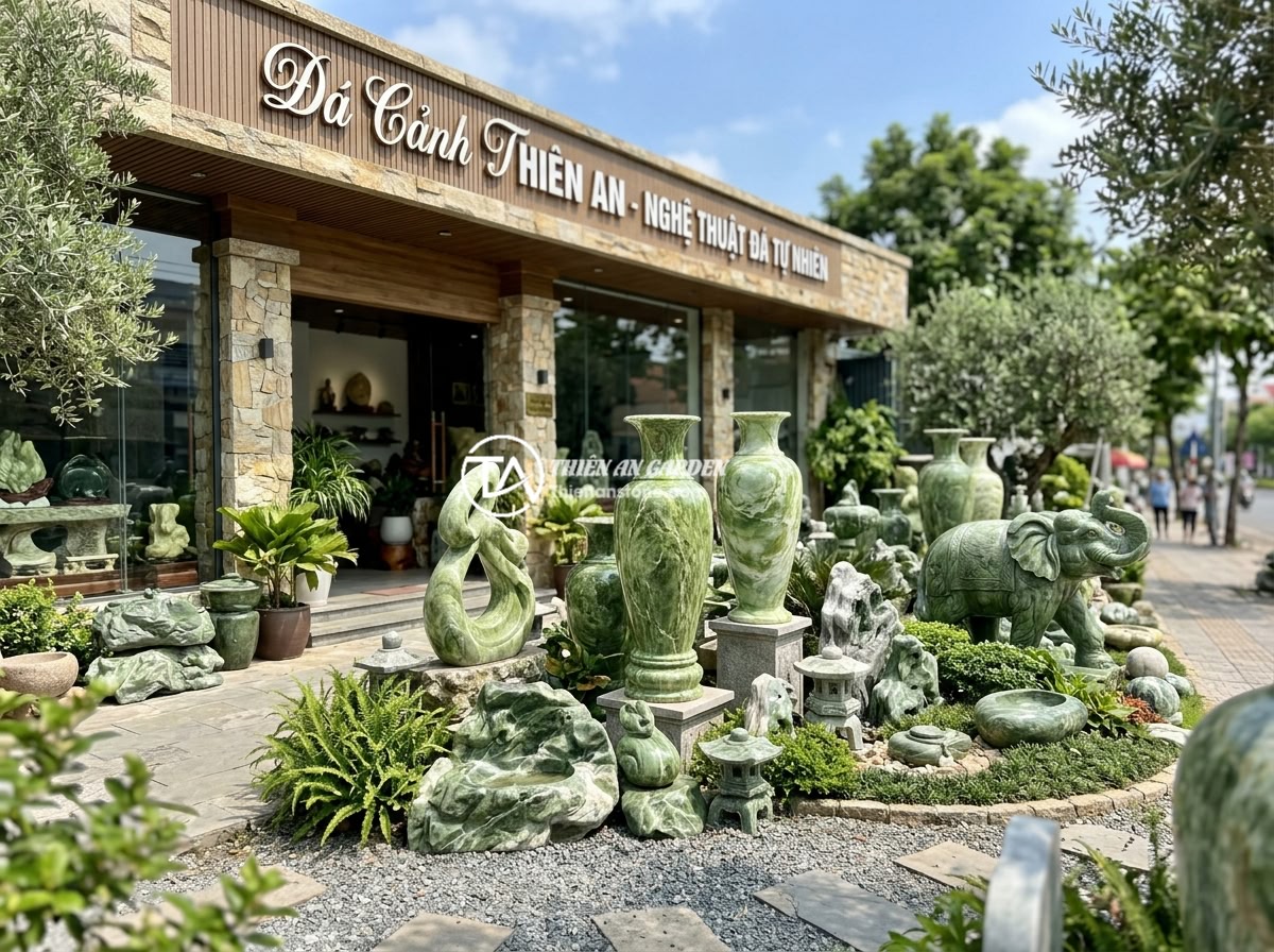 Lục Bình Đá Là Gì? Ý Nghĩa Phong Thủy, Đặc Điểm & Ứng Dụng Trong Sân Vườn Biệt Thự - Exterior view of Da Canh Thien An stone art showroom displaying various natural 