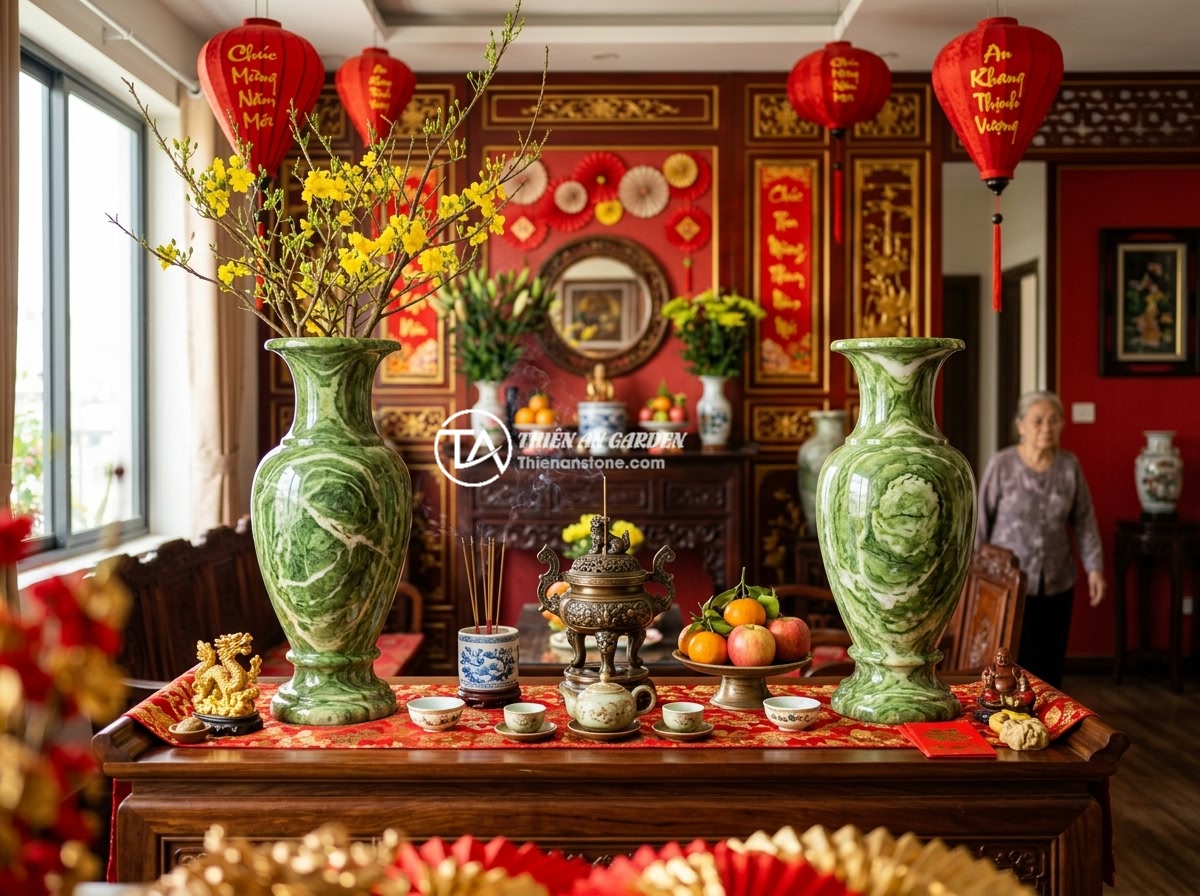Lục Bình Đá Là Gì? Ý Nghĩa Phong Thủy, Đặc Điểm & Ứng Dụng Trong Sân Vườn Biệt Thự - A feng shui arrangement featuring a pair of large natural stone vases placed sym