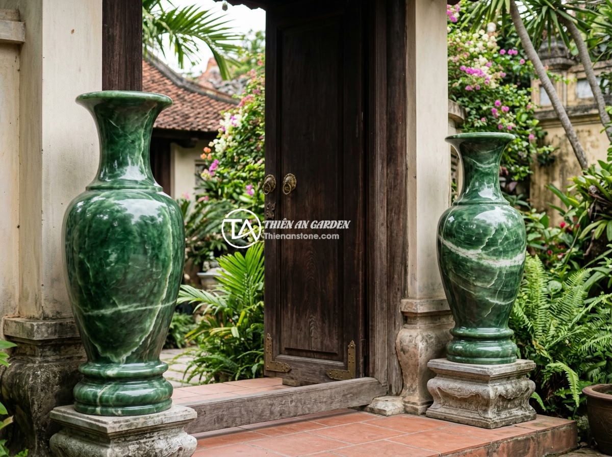 Lục Bình Đá Ngọc Hoàng Long Và Ngọc Xanh – Đặc Điểm Quý Phái & Ý Nghĩa Phong Thủy - Hình 3 Lục Bình Đá Ngọc Hoàng Long Và Ngọc Xanh – Đặc Điểm Quý Phái & Ý Nghĩa Phong Thủy - A magnificent pair of green jade stone vases with deep emerald color and natural