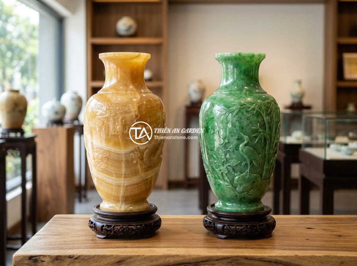 Lục Bình Đá Ngọc Hoàng Long Và Ngọc Xanh – Đặc Điểm Quý Phái & Ý Nghĩa Phong Thủy - Hình 4 Lục Bình Đá Ngọc Hoàng Long Và Ngọc Xanh – Đặc Điểm Quý Phái & Ý Nghĩa Phong Thủy - Side-by-side comparison of a golden Hoang Long jade vase and a green jade vase o