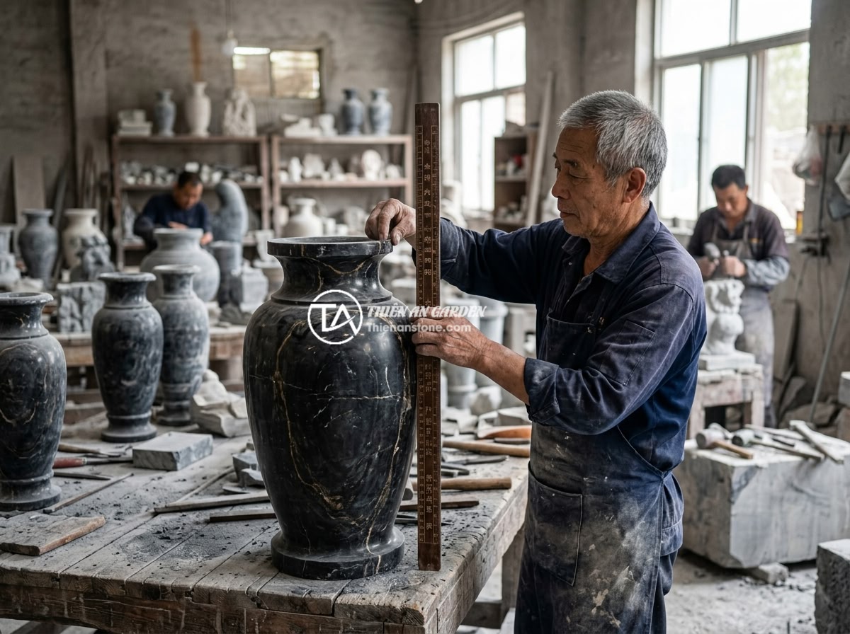 Lục Bình Đá Phong Thủy Có Tốt Không? Đặt Ở Đâu Để Mang Lại May Mắn, Tài Lộc? - A craftsman using traditional Lu Ban ruler to measure the height of a large natu